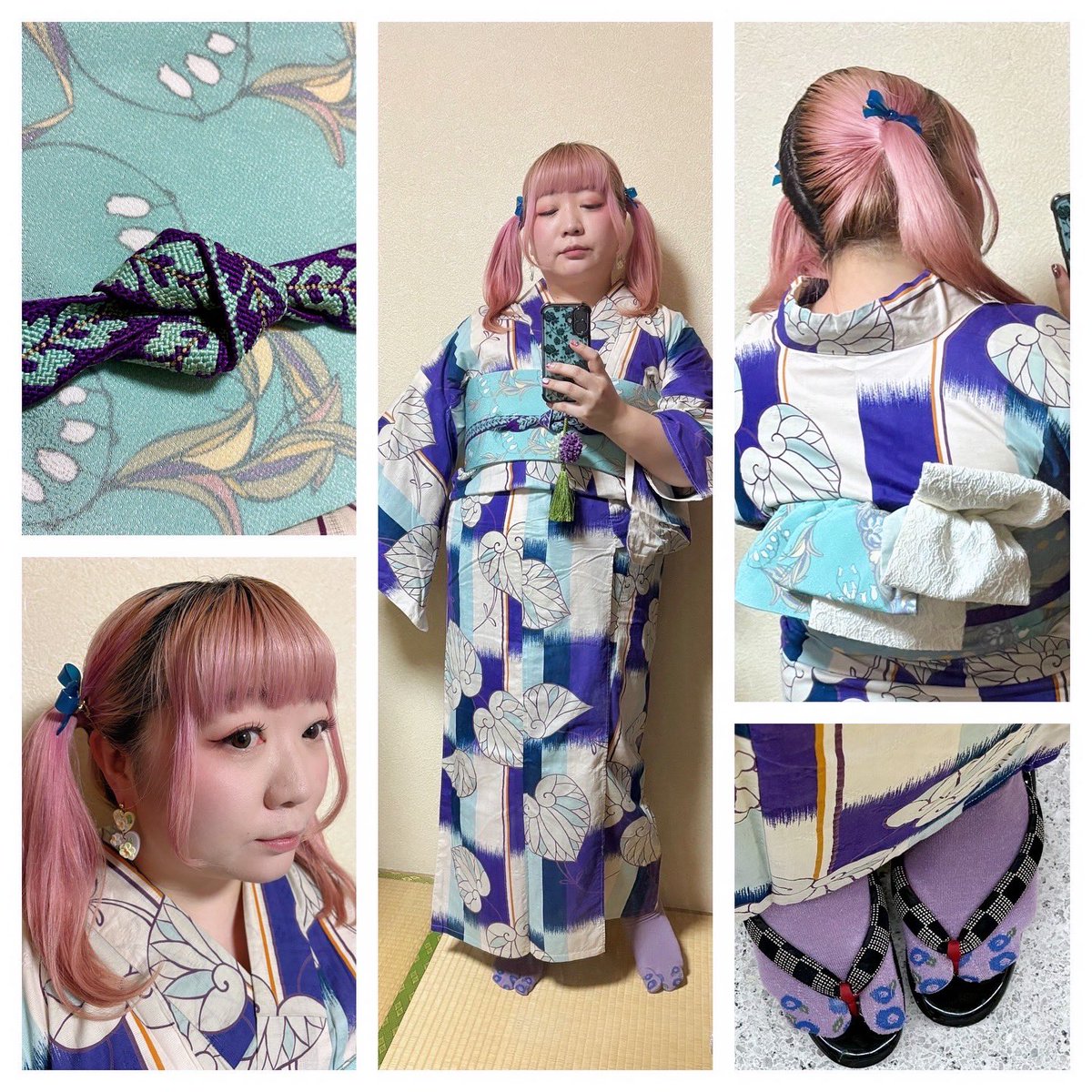 #今日の浴衣 (昨日)市松 葵 #浴衣 に 君影草ポルカ 半幅帯を横パタパタ結び

浴衣 ABAB
帯 #Berry工房
帯締め #独鈷レ
リボンクリップ・ピアス SHEIN