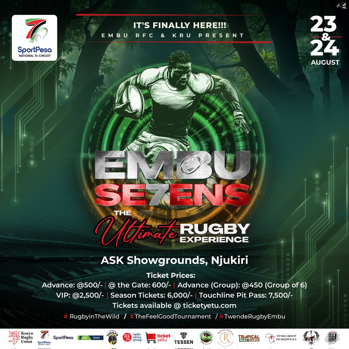 𝐓𝐈𝐂𝐊𝐄𝐓𝐒 𝐍𝐎𝐖 𝐋𝐈𝐕𝐄
The countdown’s been ticking… now it’s your turn to act.
#Embu7s is coming in HOT on August 23 &amp; and 24, and your pass to the wildest rugby weekend is just a click away.

📍 ASK Showgrounds, Njukiri
🏉 The Ultimate Rugby Experience
🌳