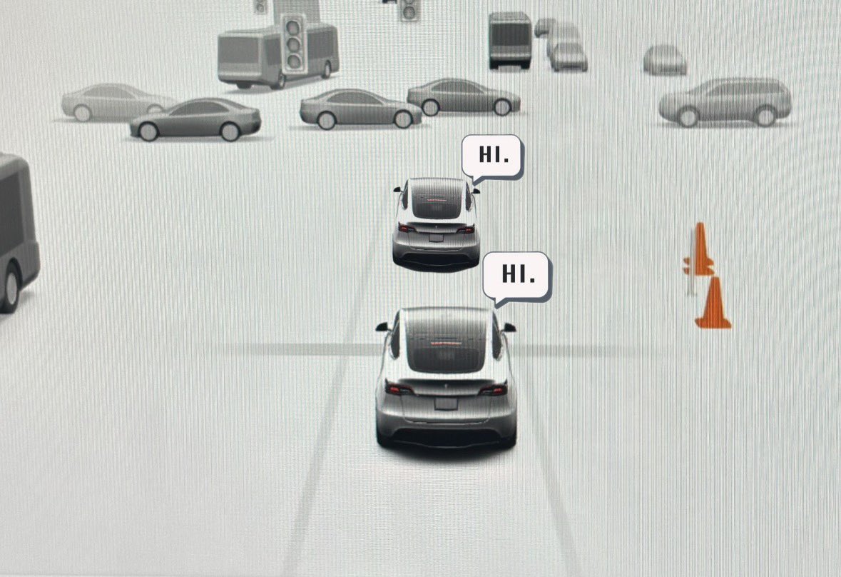 semivision_tw's tweet image. This image might be a creative concept from the Tesla community — but the idea it suggests is very real: Vehicle-to-Vehicle (#V2V) communication is the future of autonomous driving.

Two #Tesla  vehicles appear to say “HI.” to each other — a playful depiction, but one that hints…