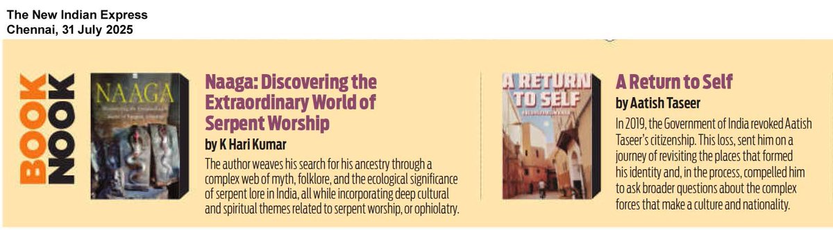 HarperCollins (@harpercollinsin) on Twitter photo Delighted to see <a href="/AatishTaseer/">Aatish Taseer</a>’s #AReturnToSelf and <a href="/TheHariKumar/">K.Hari Kumar</a>’s #Naaga featured in <a href="/NewIndianXpress/">The New Indian Express</a>’ #BookNook column.
One, a lyrical meditation on identity; the other, a riveting exploration of serpent worship in India—each compelling in its own way.
Grab your copies now Delighted to see <a href="/AatishTaseer/">Aatish Taseer</a>’s #AReturnToSelf and <a href="/TheHariKumar/">K.Hari Kumar</a>’s #Naaga featured in <a href="/NewIndianXpress/">The New Indian Express</a>’ #BookNook column.
One, a lyrical meditation on identity; the other, a riveting exploration of serpent worship in India—each compelling in its own way.
Grab your copies now