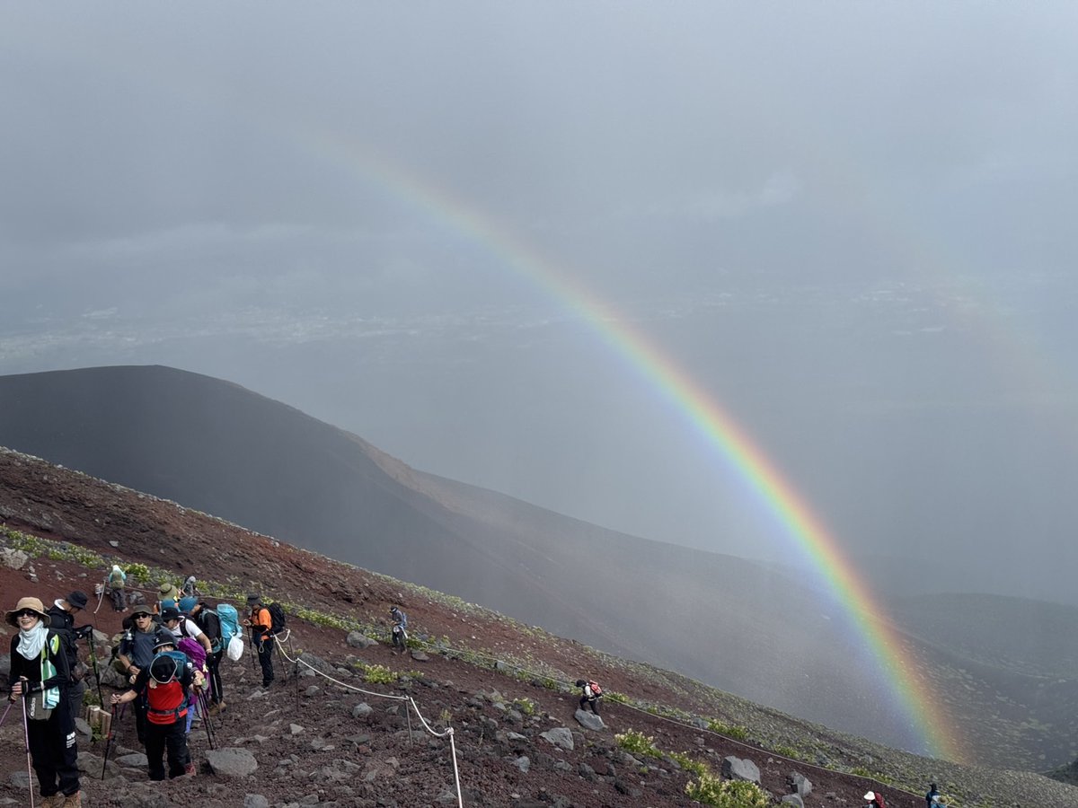 mt223guide's tweet photo. 【8/1 15:44】
台風は逸れ、富士山は予想より穏やか午後。
16:30現在、八合目の風は平均3.8m/s、気温は11.2℃。
眼下には雨柱、宝永火口には二重の虹。 
休憩がてらやっぱり足止めちゃいますよね🌈 
#富士山 #富士宮口 #mtfuji #rainbow #虹 https://t.co/lU2sWyyrpi