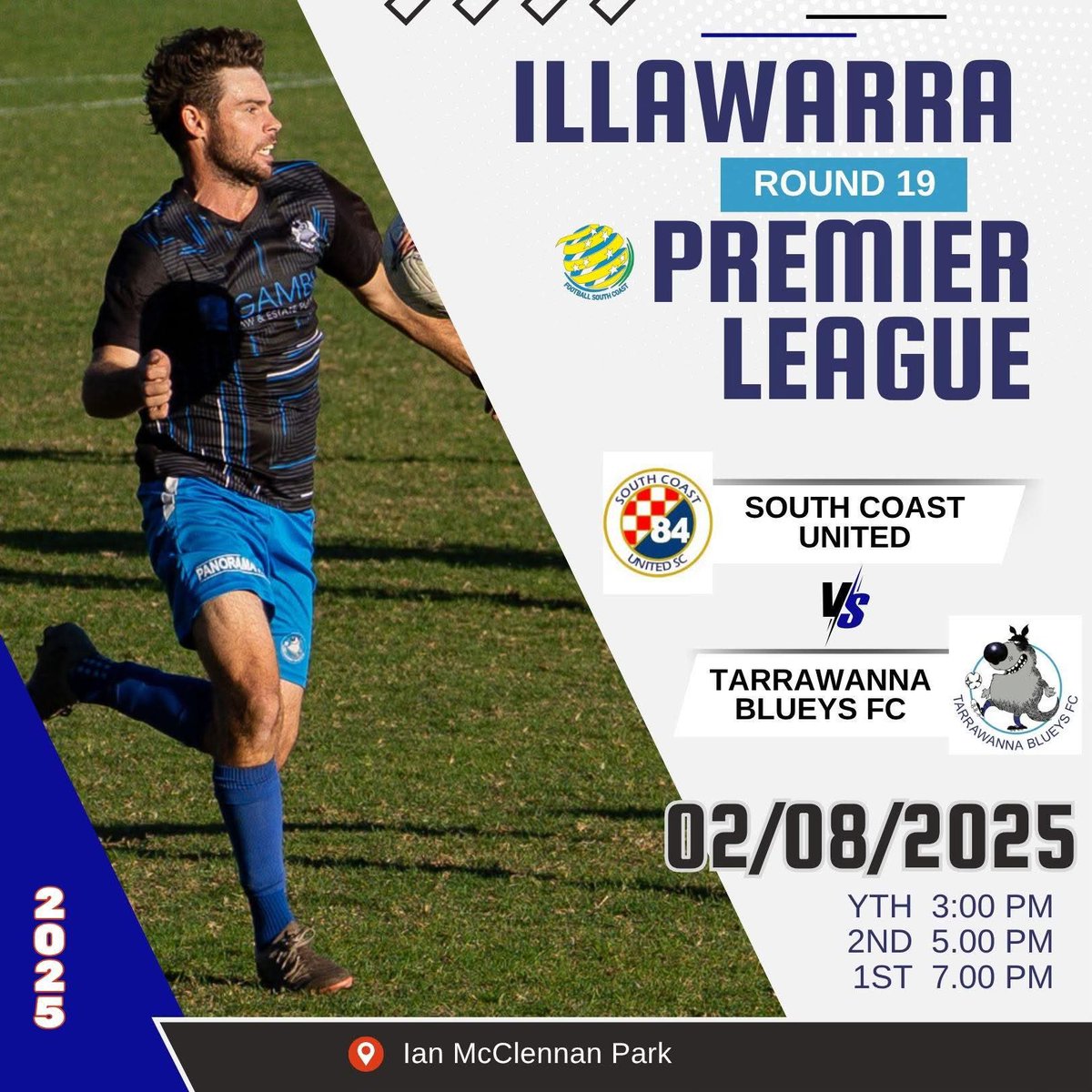 Your Blueys are back in action on SATURDAY in a <a href="/FSC_Official/">Football South Coast</a> <a href="/FratClub2519/">The Fraternity Club</a> Premier League Round 19 match at Kembla Grange against <a href="/southcoastutd/">South Coast United</a> .

Get down to Kembla Grange and cheer the boys on.

Further Details: