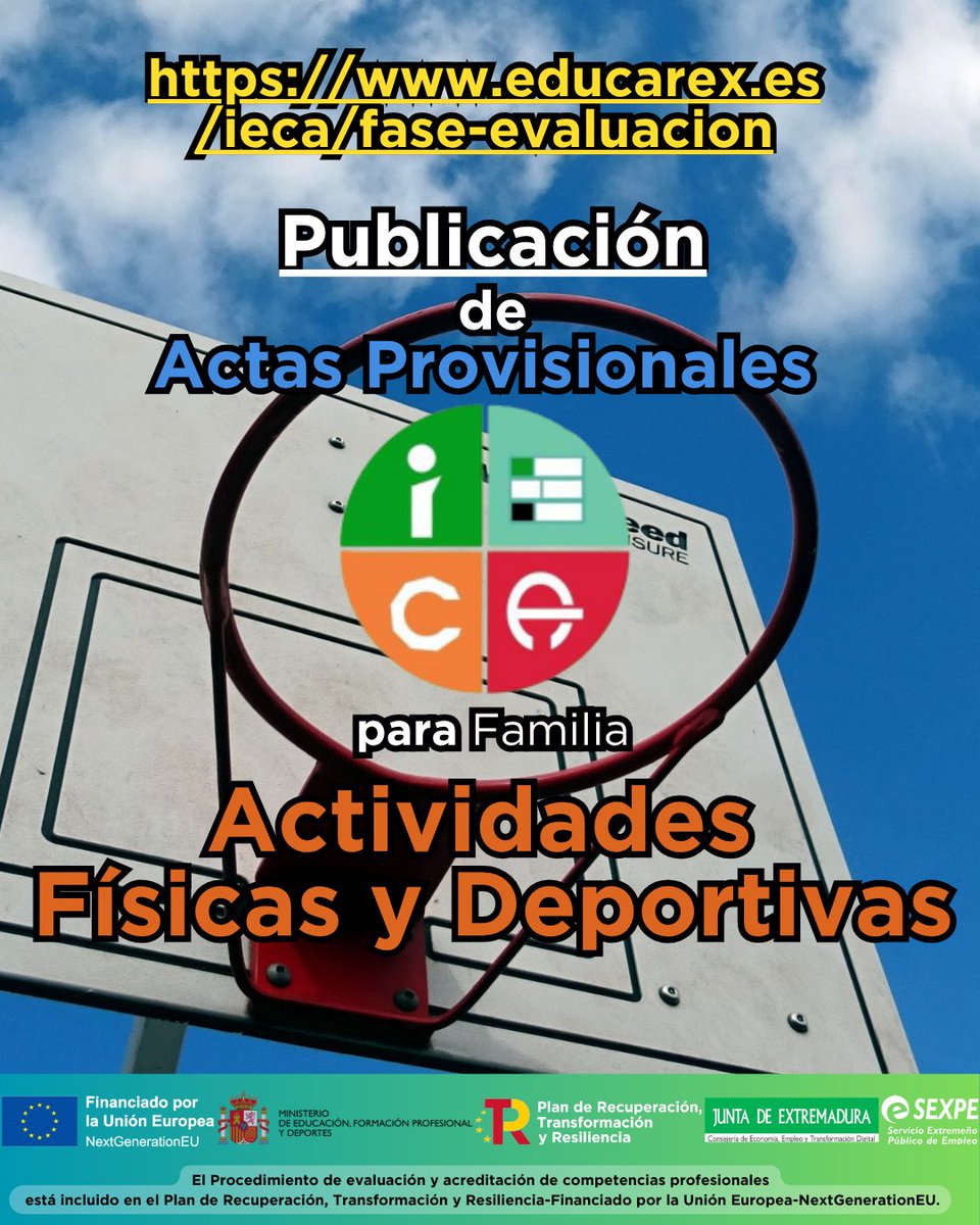 Publicación del listado de Actas Provisionales de la Fase de Evaluación, para Acreditaciones de la Familia Actividades Físicas.

Consulta los listados en:

educarex.es/ieca/fase-eval…