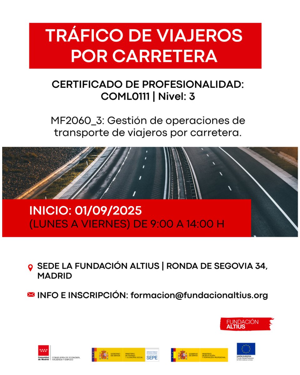 ¿Quieres trabajar en el sector del #transporte?

Apúntate al Certificado COML0111 (Nivel 3). Módulo: MF2060_3

📅 Inicio: 01/09/2025
🕘 De 9:00 a 14:00 (L-V)
📍 Fundación Altius (Madrid)
📩 Info: formacion@fundacionaltius.org

¡Formación 100% subvencionada!

#Altius #Empleo