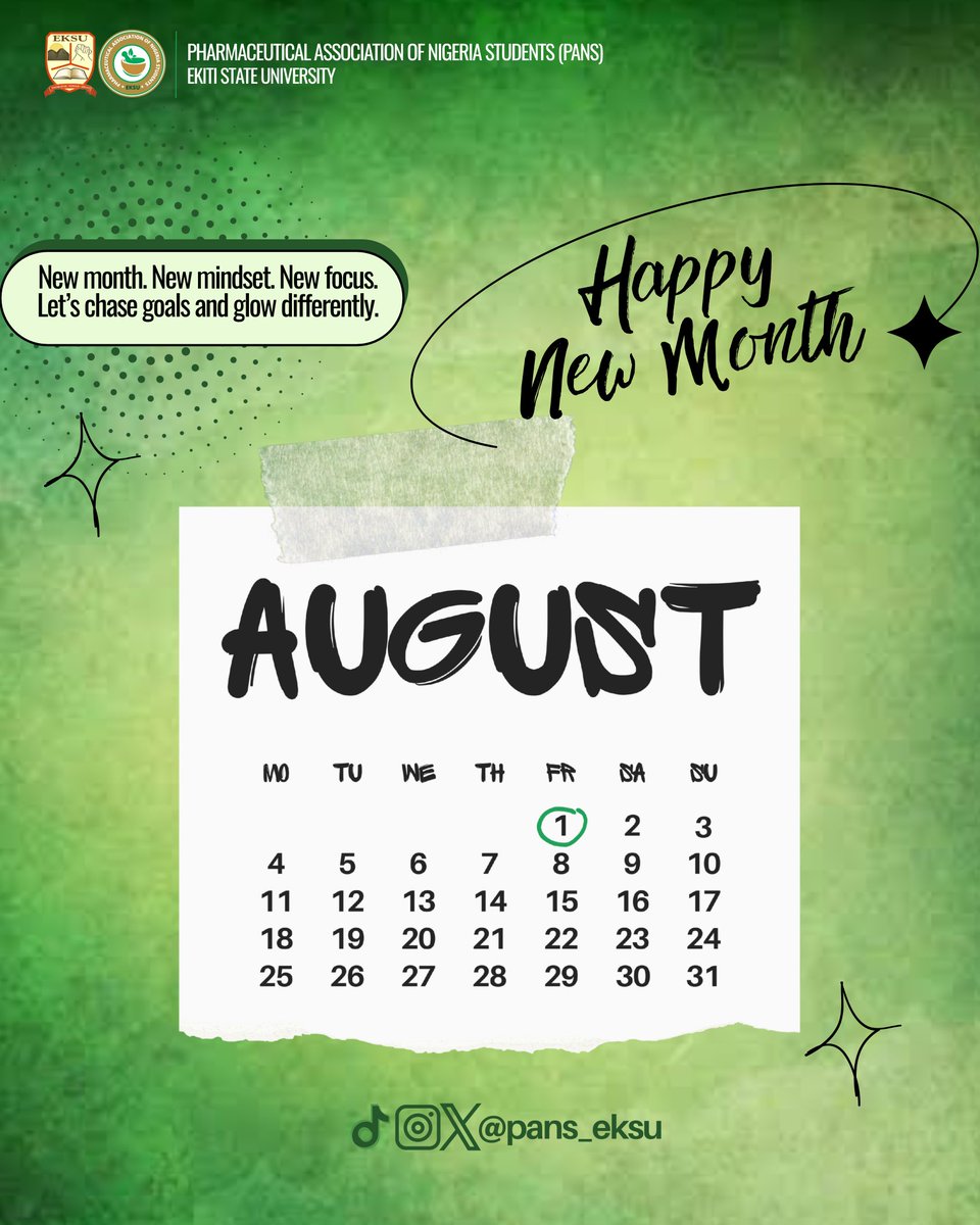 pans_eksu's tweet photo. Hello August! 🌟 A new month, a fresh start. May this month bring growth, peace, and success to us all. Happy New Month!
#HappyNewMonth #HelloAugust #Pharmacy https://t.co/7bgfopbY2U