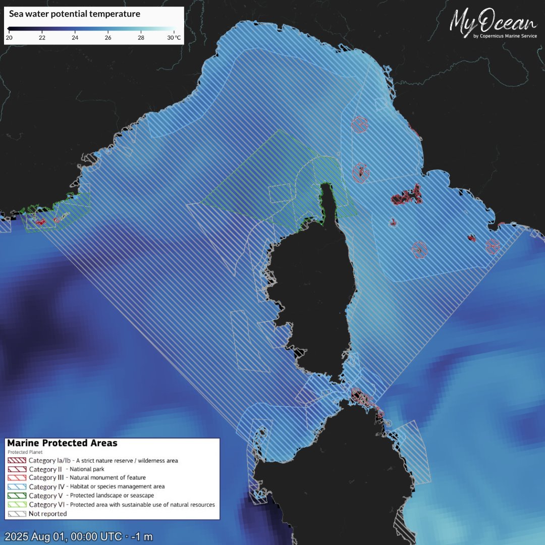 It's Marine Protected Areas Day (#MPADay)❗️

MPAs are key for conserving marine ecosystems 🪸

#CopernicusMarine provides access to the <a href="/protectedplanet/">protectedplanet</a> #MPA dataset to help monitor these zones

🔽 MPAs &amp; Sea Surface Temperature 🌡️ in the waters around #Corsica 🇫🇷 in the