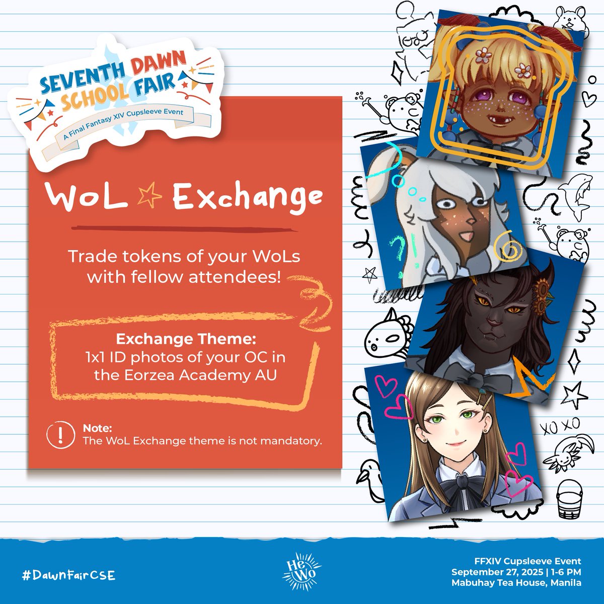 The traditional WOL Exchange is back for #DawnFairCSE! 

For bonus points (amounting to bragging rights only), go in theme by preparing a 1x1 ID picture of your WOL to trade with fellow students. You may just collect enough for a full class!
