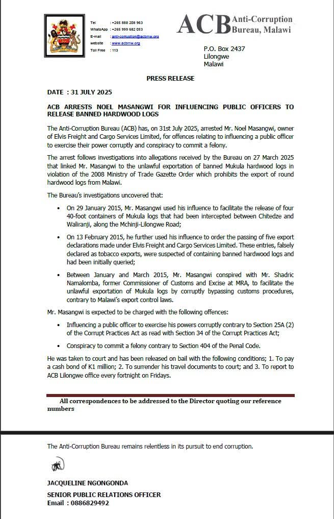 PRESS RELEASE- ACB ARRESTS NOEL MASANGWI FOR INFLUENCING PUBLIC OFFICERS TO RELEASE BANNED HARDWOOD LOGS