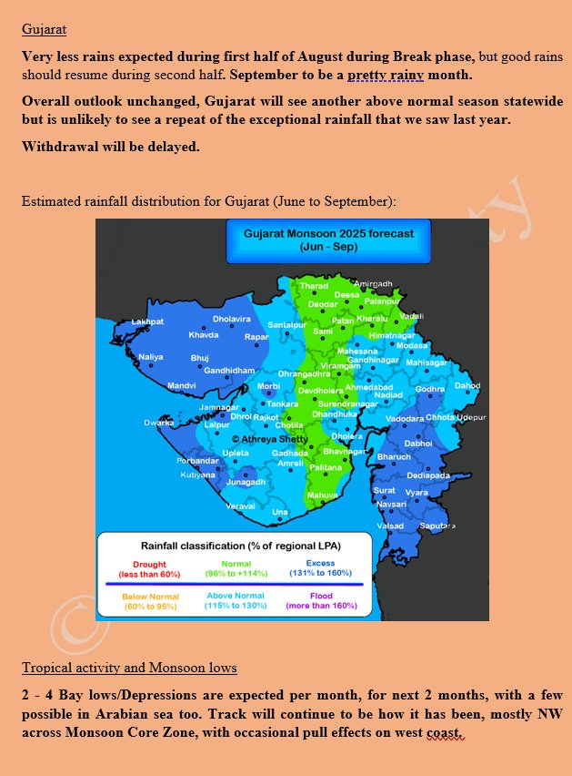 Updated #Monsoon2025 outlook for #Mumbai MMR, #Maharashtra and #Gujarat 📢

1) First 'Break Phase' of season during the first 10 days of August with sporadic showers. Thunderstorm activity in second week of August, followed by Revival from 15th August. 

2) Negative #IOD and