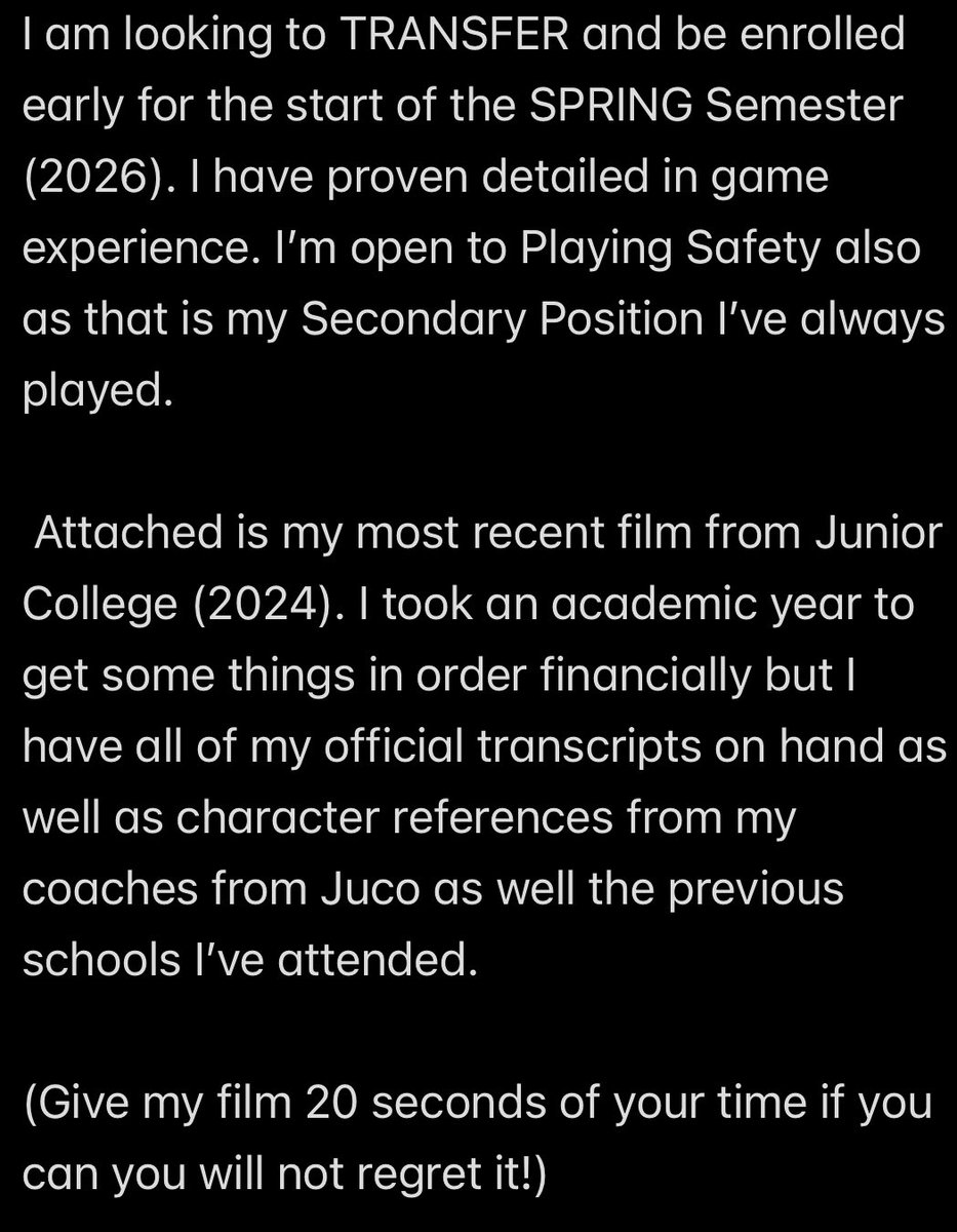 Amottas20's tweet image. 🚨 Transfer 🚨

📏 6’1 | 186 lbs
♟️ Playmaking Ballhawk ATH (WR/S)
📚Good Academics (3.1 GPA)
🫴🏽Great Ball Skills
📦Great Coverage Safety 
💥Hard Hitter
🧠High IQ Player
-Very Coachable 
-Route Runner
-Great Blocking Ability
⏳2 Years of Eligibility