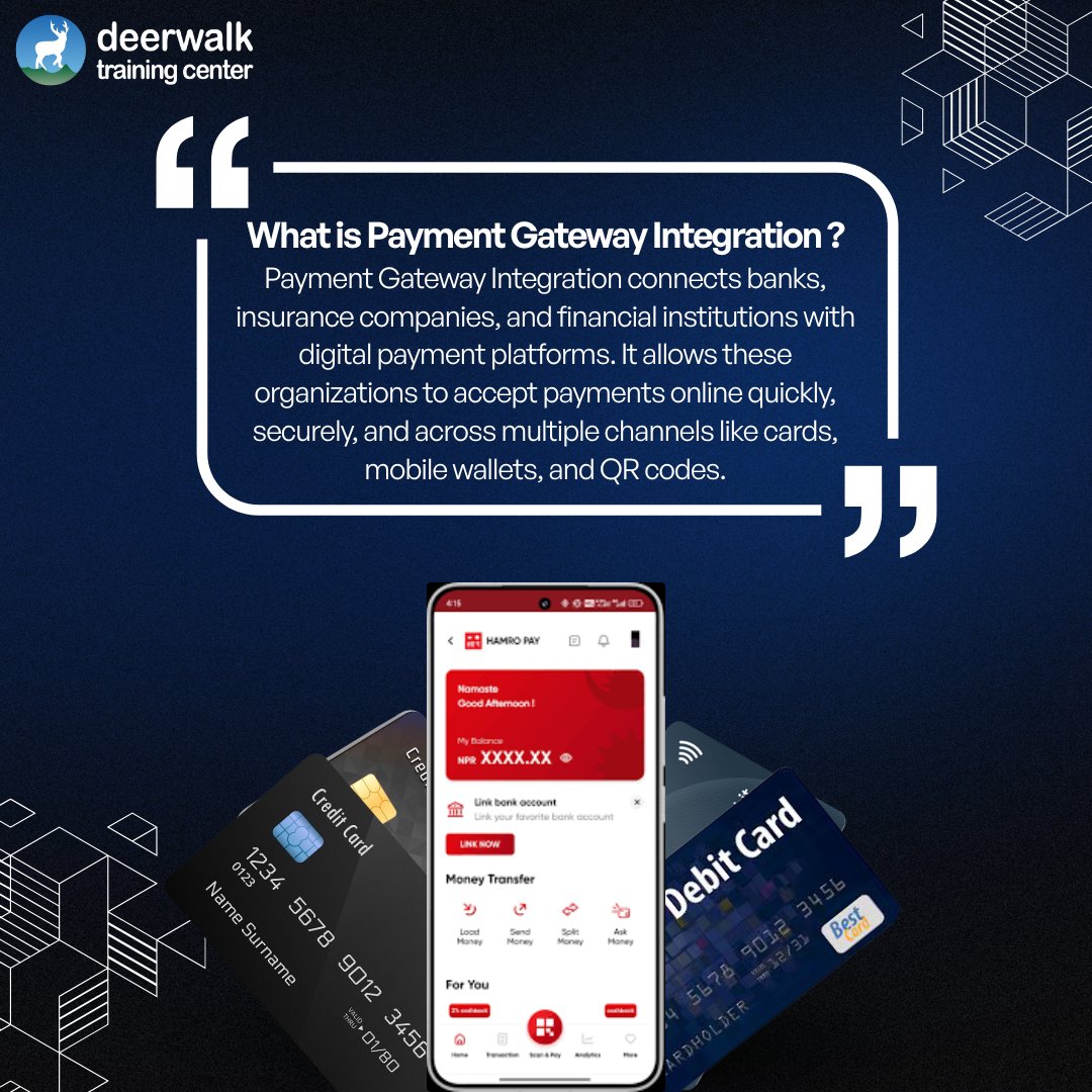 DeerwalkCenter's tweet image. 𝗗𝗶𝗱 𝗬𝗼𝘂 𝗞𝗻𝗼𝘄?

Most banks and financial institutions now accept payments through cards, mobile wallets, and QR codes. But how does this work behind the scenes?  
 
#DigitalAwareness #FintechNepal #PaymentGateway #DigitalTransformation #DeerwalkTraining #TechForLeaders