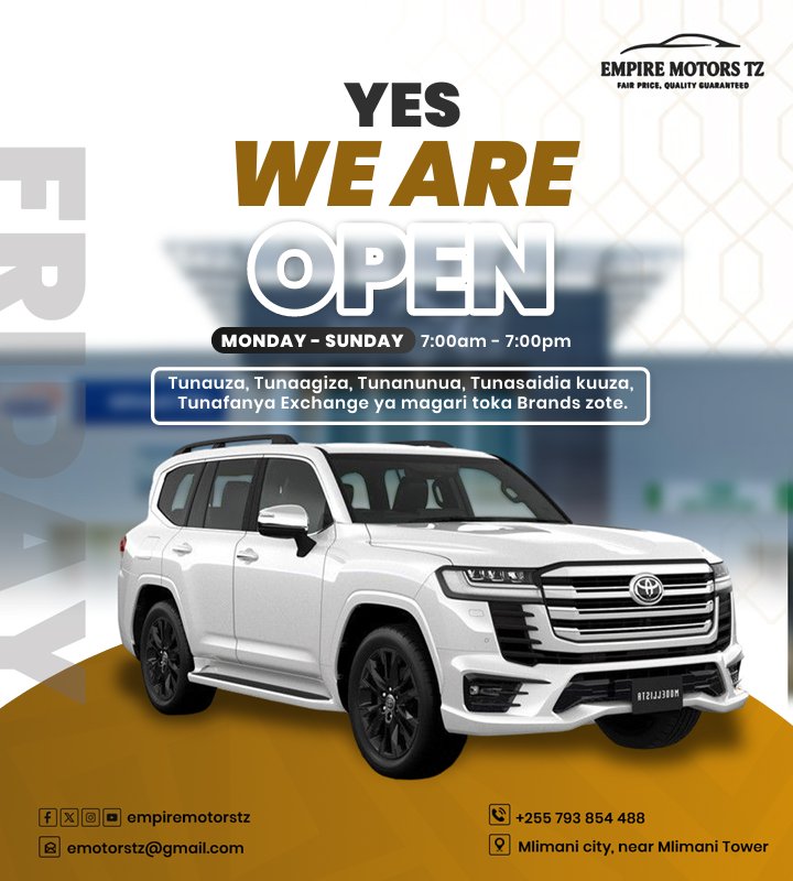 Empire Motors TZ (@empiremotorstz) on Twitter photo Tunaanza na Mungu.🙏🏽
Monday - Sunday
Saa 1:00 asubuhi – 1:00 jioni
Hello August, Hello Progress
It’s Friday, and a brand new month.
Let this be the month you stop dreaming and start driving.
Karibu <a href="/empiremotorstz/">Empire Motors TZ</a> – where your next car awaits.
Mlimani City – near Mlimani Tunaanza na Mungu.🙏🏽
Monday - Sunday
Saa 1:00 asubuhi – 1:00 jioni
Hello August, Hello Progress
It’s Friday, and a brand new month.
Let this be the month you stop dreaming and start driving.
Karibu <a href="/empiremotorstz/">Empire Motors TZ</a> – where your next car awaits.
Mlimani City – near Mlimani