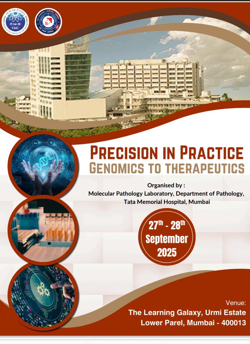 MPQAP EQAS (@mpqap_eqas) on Twitter photo We’re thrilled to announce Precision in Practice: Genomics to Therapeutics Conference, happening September 27–28, 2025!
Venue : Learning Galaxy, Lower Parel, Mumbai
Register here : tmc.gov.in/m_events/Event…
For more information contact
molpath.tmh@gmail.com We’re thrilled to announce Precision in Practice: Genomics to Therapeutics Conference, happening September 27–28, 2025!
Venue : Learning Galaxy, Lower Parel, Mumbai
Register here : tmc.gov.in/m_events/Event…
For more information contact
molpath.tmh@gmail.com