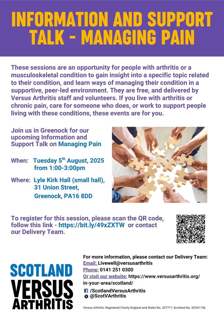 📢 Join us in Greenock next week for our Information and Support Talk on Managing Pain
🗓️ Tuesday 5th August, 2025 from 1:00-3:00pm 
📝 Book your place here: bit.ly/49xZXTW