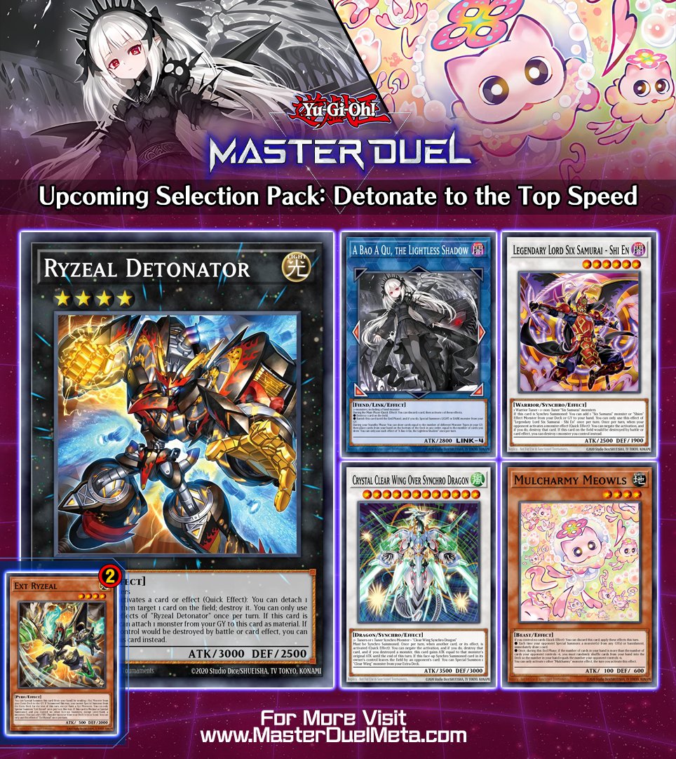 NEW Selection Pack: Detonate to the Top Speed has been officially  announced, bringing "Ryzeal" to Master Duel alongside long-awaited support  for Speedroid and Six Samurai! Ext Ryzeal will be Limited 2 on