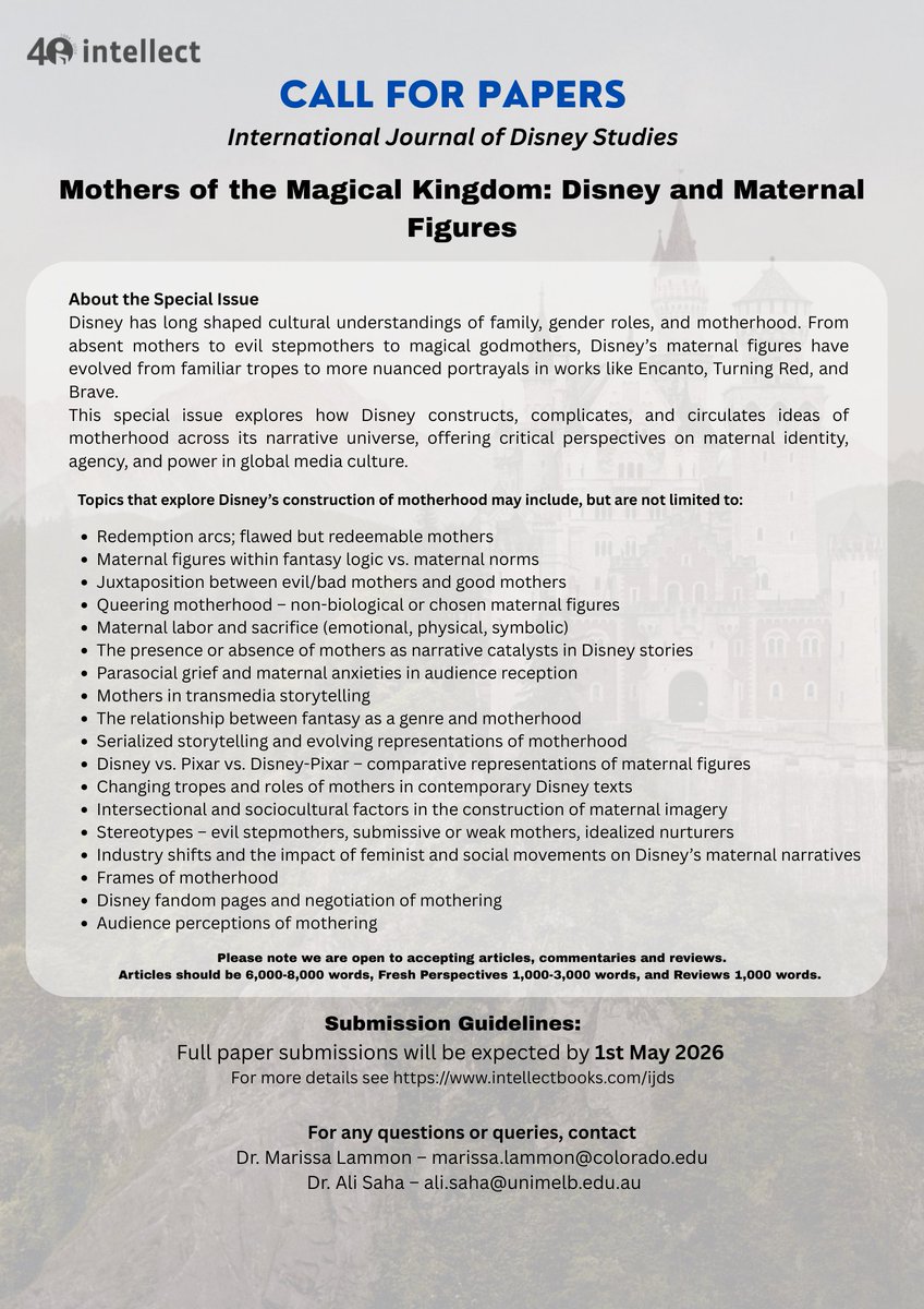 CFP: Mothers of the Magical Kingdom!
I’m co-editing a special issue of IJDS on Disney &amp; maternal figures, examining motherhood across Disney, Pixar, Marvel, &amp; more.
Deadline: 1 May 2026
Submit: intellectbooks.com/ijds

#DisneyStudies #CFP #Motherhood #MediaStudies #GenderStudies