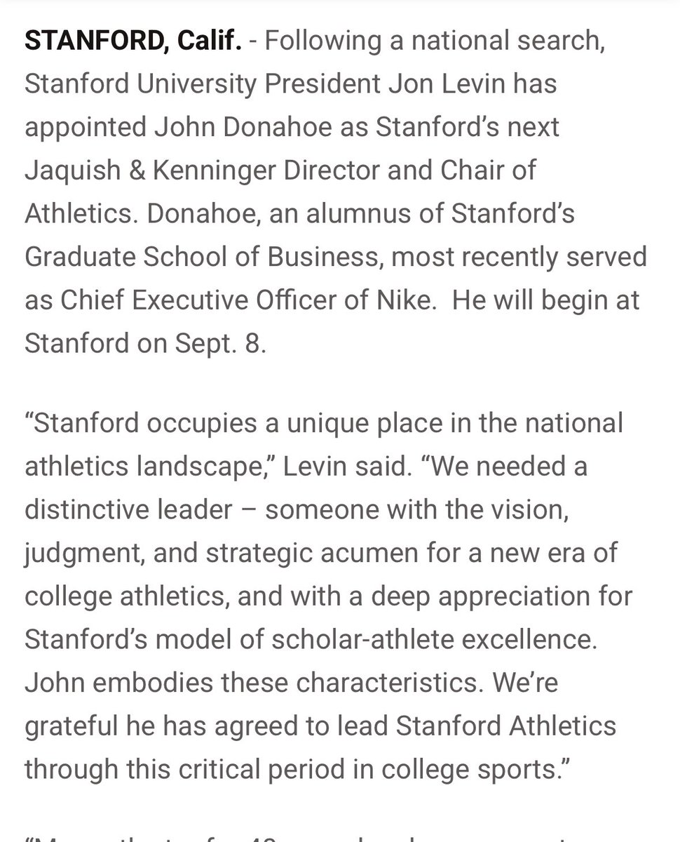 Stanford has officially announced former Nike CEO John Donahoe as its next AD. 

There’d been ample discussion in the background about the Cardinal brass going with a non-traditional candidate for the role and they certainly found that.