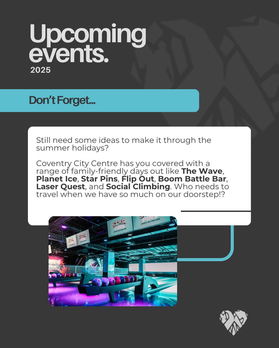 What's On in Coventry City Centre this month for the summer holidays:

🦖 Dino Trail at West Orchards
🍿New releases at Odeon
🦅 Falconry Experience at St Mary's Guildhall
⛳Kids play &amp; eat free at Putt Putt Social
🤾Sports Fest at Broadgate

And much more!

#coventry #covbid