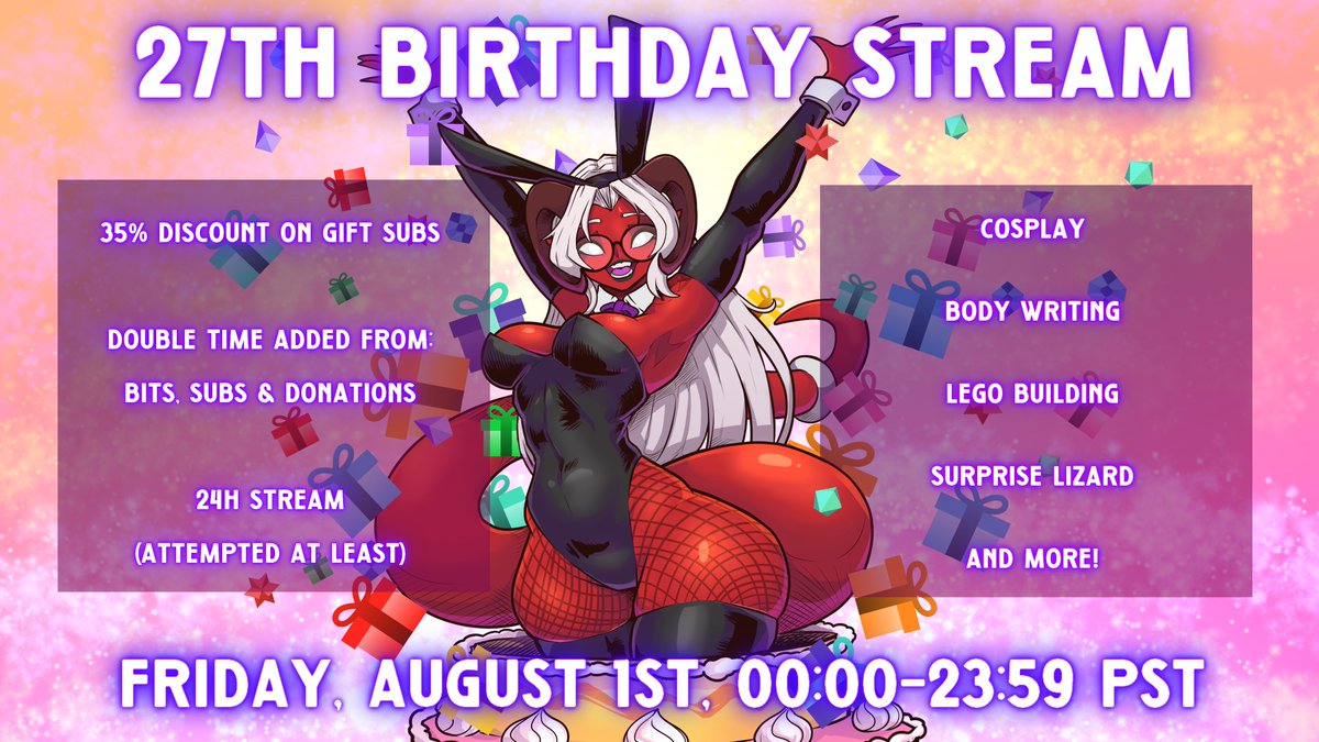 I'M TURNING 27 IN TWO HOURS!!! 🎉(In the US at least-)

24 hour event to celebrate the almost year long subathn &amp; me getting one step closer to the grave 🥳

00:00-23:59 PST: All Gift Subs are 35% off, all Bits Subs &amp; Donos add double time 💪 Lets make this last a year 🙌