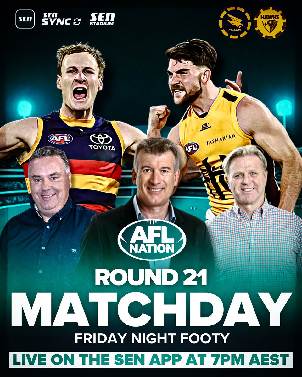 🔜 🏈 <a href="/Adelaide_FC/">Adelaide Crows</a> 🆚 <a href="/HawthornFC/">Hawthorn FC</a> 

𝗬𝗼𝘂𝗿 𝗰𝗼𝗺𝗺𝗲𝗻𝘁𝗮𝘁𝗼𝗿𝘀:
🎙 Stephen Quartermain
🎙 Adam White
🎙 Dermott Brereton

📲 sen.lu/SENApp 
📻 sen.com.au 

#AFLCrowsHawks #AFL 🏆