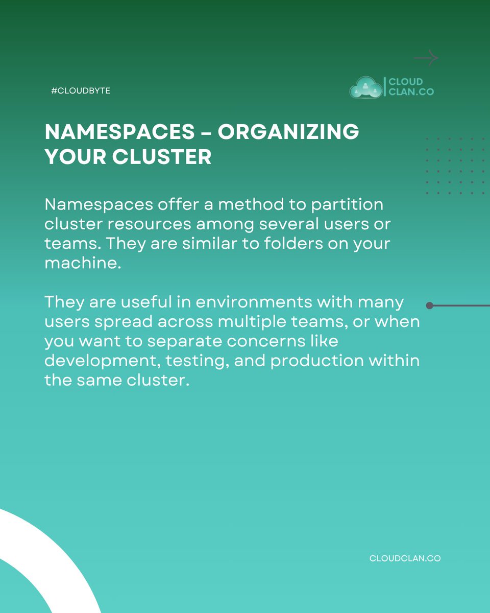 cloudclan_co's tweet photo. Learning Kubernetes Essentials : Namespaces

Check our blog for detailed blog post on Kubernetes: https://t.co/wia4s1aI4k 

Thread (1/2)...
#cloudclan #cloudcomputing #kubernetes #cloudbyte https://t.co/dJJOQXnTcQ