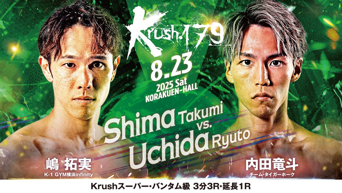 【Krush.179】8.23(土)後楽園

Krushスーパー・バンタム級

🔴嶋拓実(<a href="/tkm_sm82/">嶋拓実</a> )
—🆚—
🔵内田竜斗(<a href="/ryu_to315o/">内田竜斗</a> )

📝詳細はこちら▷k-1.co.jp/news/40676
🎫チケットはこちら▷fan.pia.jp/K-1/ticket/det…

#Krush #k1wgp #格闘技