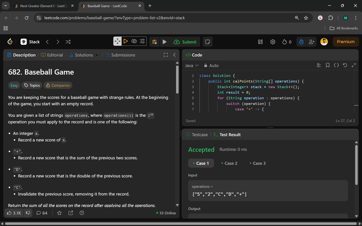 Manohar2909's tweet image. ๐ Day 62/100 - Turning Complexity into Simplicity!
 496. Next Greater Element I
 682. Baseball Game
#NextGreaterElement #StackProblems  #BaseballGame #LeetCode #TechJourney #ProblemSolving #LearnToCode  #CleanCode #InterviewPrep #CodingChallenge #DSAWithJava #CodingDaily