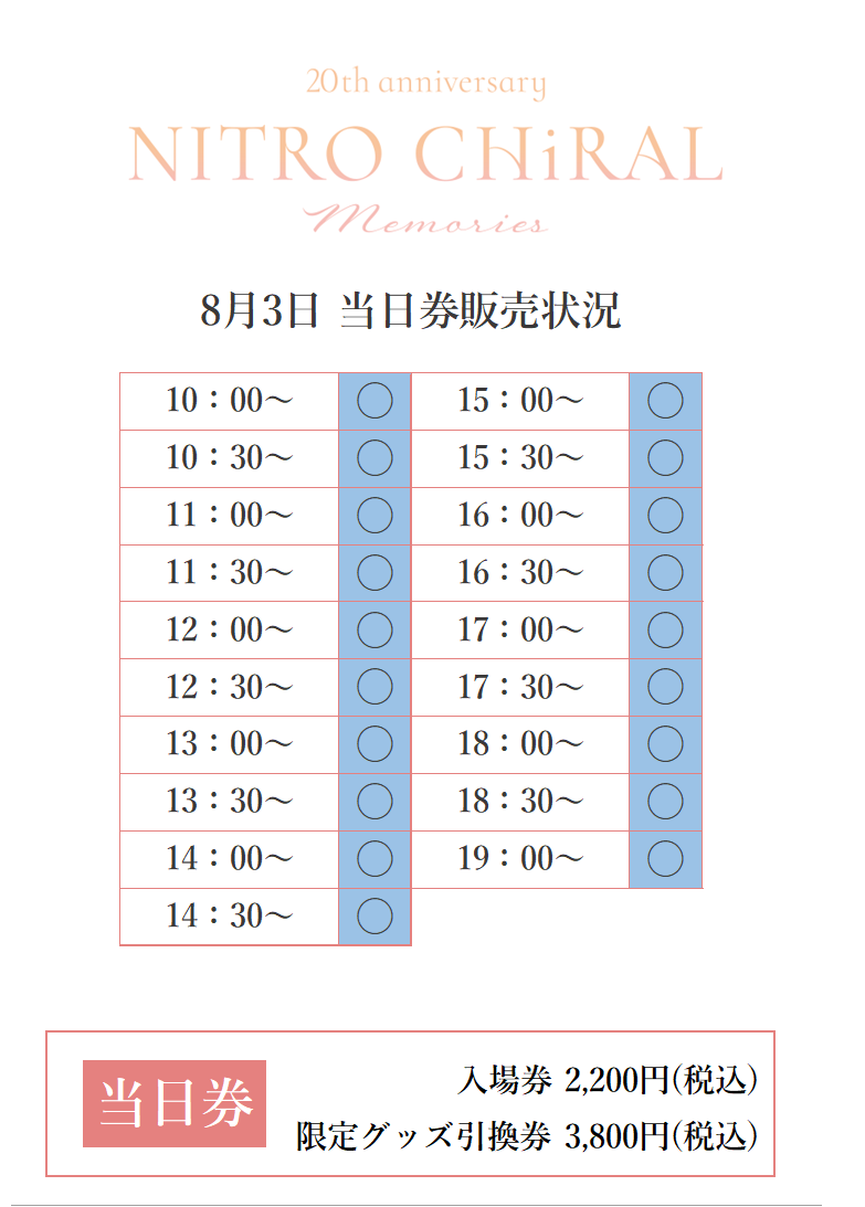 ✼•┈┈•✼•┈┈•✼
 #キラメモ
開催中
✼•┈┈•✼•┈┈•✼
 
キラメモ大阪会場好評開催中✨
9/1までの開催です。
みなさまのご来場をお待ちしております。

当日券の販売状況は画像をご確認ください。

公式サイト
20th-chiral-memories.com

#CHiRAL