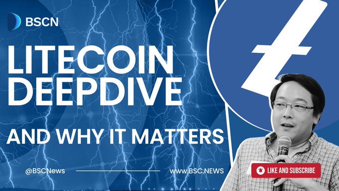 Litecoin Deep Dive by BSCN featuring a speaker with a microphone and the Litecoin logo