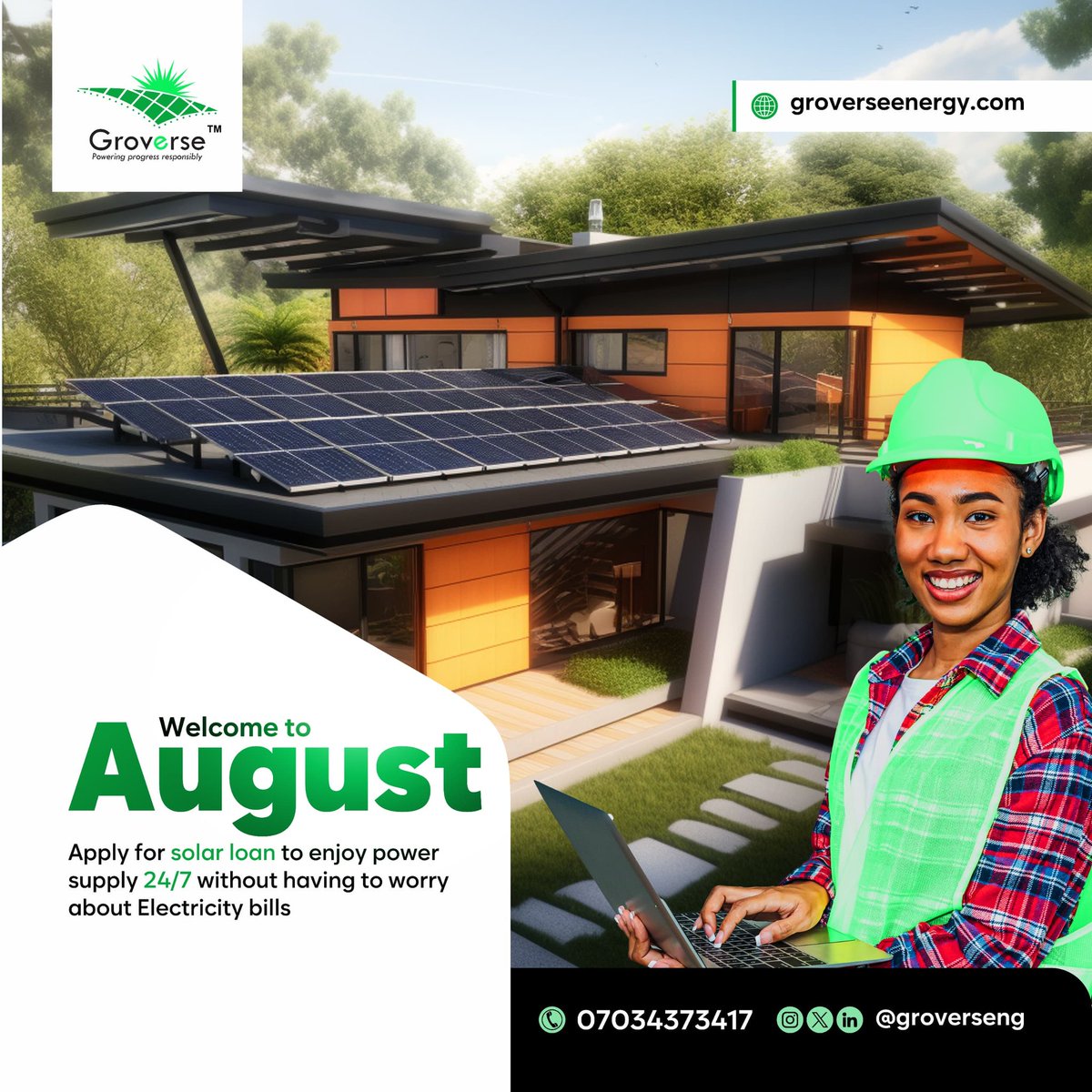 Welcome to August! ☀️
At Groverse, we’re giving you 24/7 electricity with affordable solar loans ..no more NEPA drama, no more outrageous bills. 🔌

✅ Easy to apply
✅ Constant power
✅ Clean energy

⚠️ And hey… BIG NEWS is coming!
Stay tuned. 👀
📞 07034373417 
 🌐