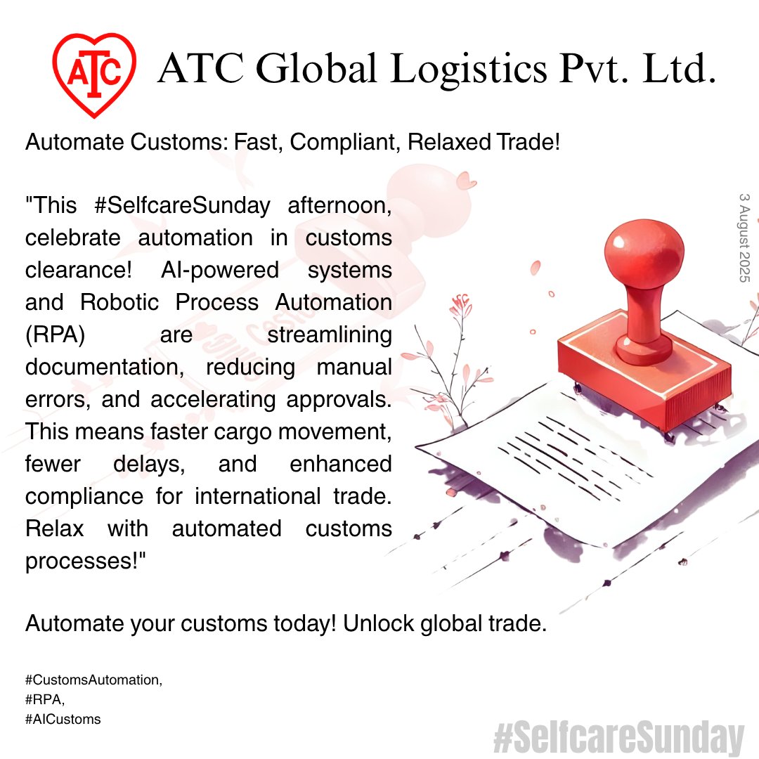 ATCGroup1957's tweet image. Selfcare Sunday PM! 🤖 

Automation in customs clearance! AI-powered systems &amp;amp; RPA streamline docs, reduce errors, accelerate approvals. Faster cargo, fewer delays! 

Learn more: atc.co.in 

#SelfcareSunday #CustomsAutomation #RPA