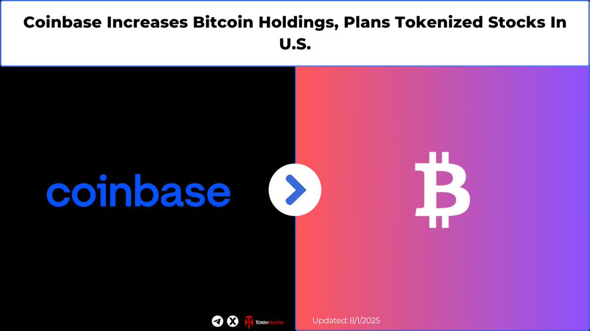🚀 Coinbase Increases Bitcoin Holdings, Plans Tokenized Stocks In U.S. @ coinbase just boosted their #Bitcoin stash 📈 and is teaming up with  @TokenHunter for tokenized U.S. stocks! Big moves ahead for #investors!