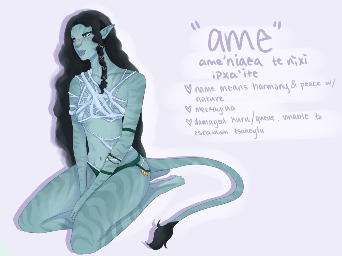 kinoftulkun's tweet photo. ⋆.ೃ࿔*:･ #avatartwt #avataroc 

ame !! with a slight redesign and full body this time 

i think her kuru was probably damaged in a hunting accident while she was younger. ever since then she’s been unable to perform tsaheylu sad emoji https://t.co/OA766yGRMr