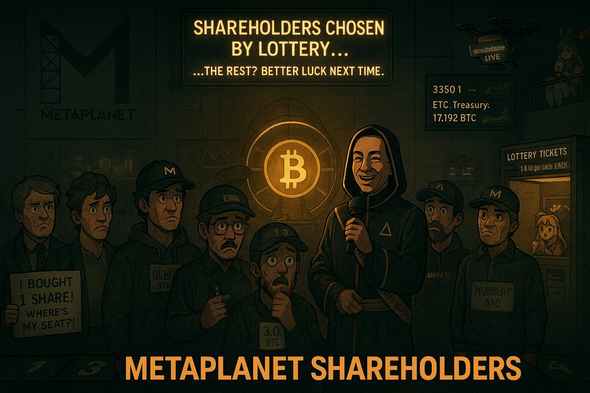readingdancer's tweet image. Welcome to the Metaplanet Shareholder Games.
Only the convicted make it past the lottery drum.
Tag a friend who’d still show up with 0.0003 BTC and vibes.
#Bitcoin #Metaplanet #SquidGameVibes #BTCtreasury #ShareholderShowdown