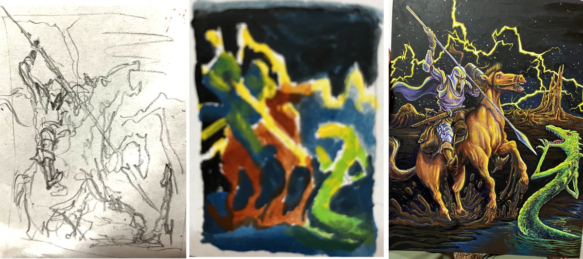 Process for the cover art to "Riders on the Midnight Storm". Sketch is usually a thumbnail (1 or 2 inches), as is the color study. The final is 14 x 18.

backerkit.com/call_to_action…