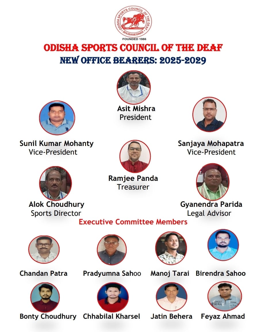 OSCDeaf_offical's tweet photo. The New Office Bearers Of Odisha Sports Council of the Deaf - 2025-2029
President:  Asit Mishra 
Vice-President: Sunil Kumar Mohanty &amp; Sanjaya Mohapatra
Treasurer:  Ramjee Panda
Sports Director:  Alok Choudhury
Legal Adviser: Adv. Gyanendra Kumar Parida
@sports_odisha @SSEPD2 https://t.co/B2aU6dywEK