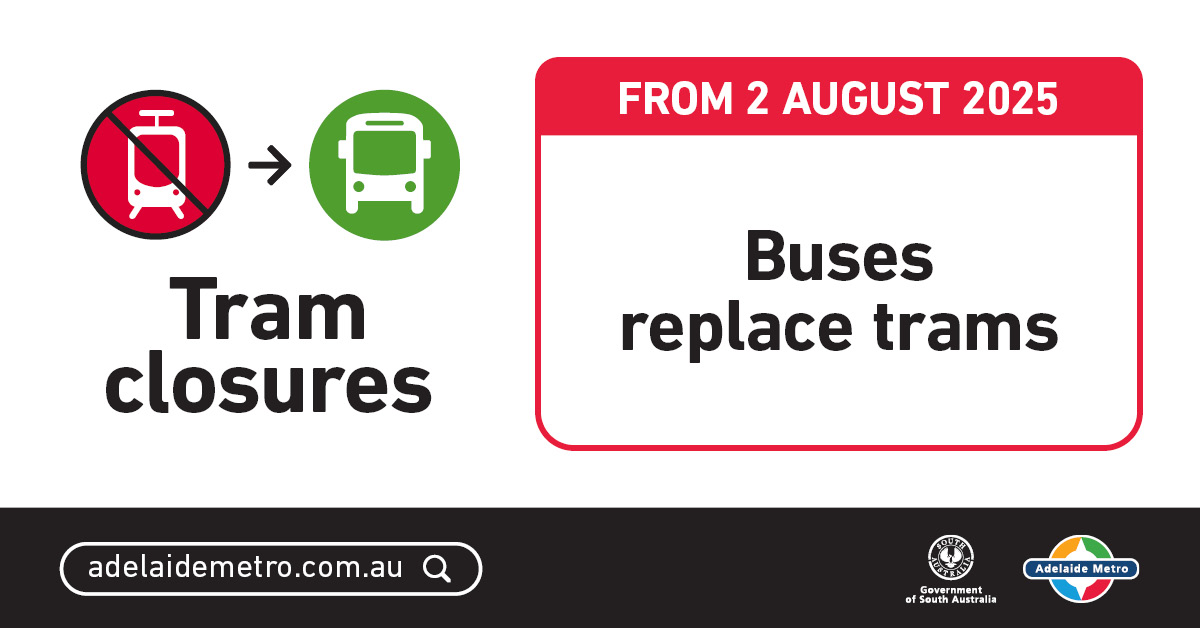 To allow <a href="/DFITSA/">الصياغة الرقمية للاتصالات وتقنية المعلومات</a> to remove the tram level crossings at Marion Rd, Cross Rd and Morphett Rd, tram services will be replaced with <a href="/AdelaideMetroSA/">Adelaide Metro</a> substitute buses between South Terrace and Moseley Square from Sat 2 Aug until early 2026. 

Learn more at adelaidemetro.com.au/tramclosure