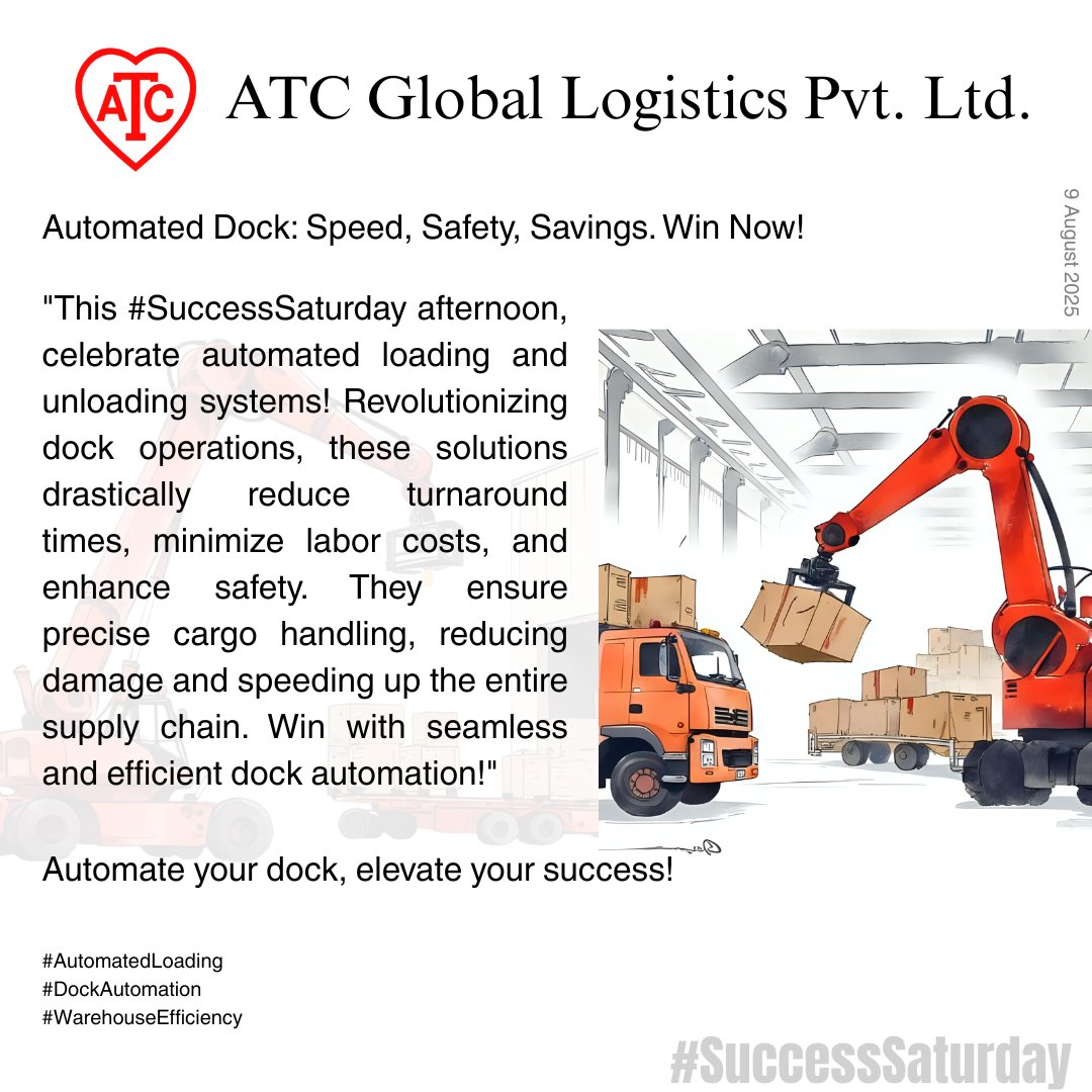 ATCGroup1957's tweet image. Success Saturday PM! 🏆 

Automated loading/unloading systems! Revolutionizing dock ops: reduce turnaround times, labor costs, enhance safety. Win with seamless automation! 

Learn more: atc.co.in 

#SuccessSaturday #AutomatedLoading #DockAutomation