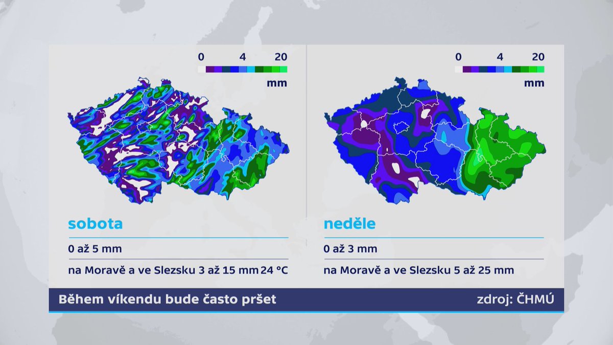 V Čechách je pár bílých míst, kde zřejmě o víkendu moc pršet nebude, ale jsou to spíš výjimky