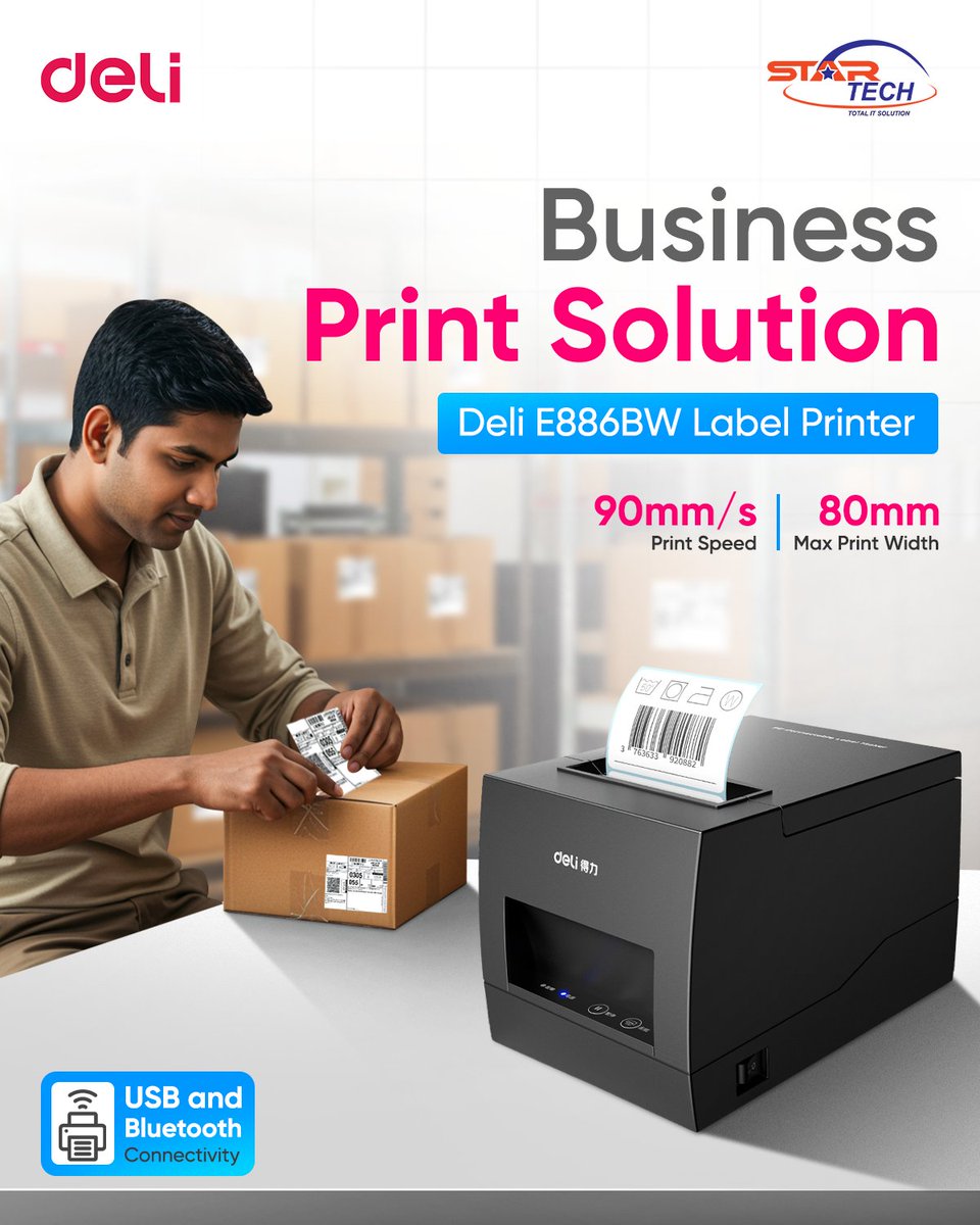 startechbd's tweet photo. Fast. Precise. Wireless.🖨️

Introducing the Deli E886BW – a high-speed receipt &amp; label printer built for efficiency and convenience with sharp print quality and Bluetooth connectivity.

📌 Get Yours Now – https://t.co/ysD2e9VvS3

#DeliE886BW #LabelPrinter #ReceiptPrinter https://t.co/wrfw63swEA