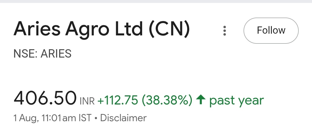 Aries agro Ltd
Cmp- 406.
In continuous uptrend.
Will see the prices after 2 months of all ATH stocks talked on our board.
Let us see what happens..to ATHs ..
