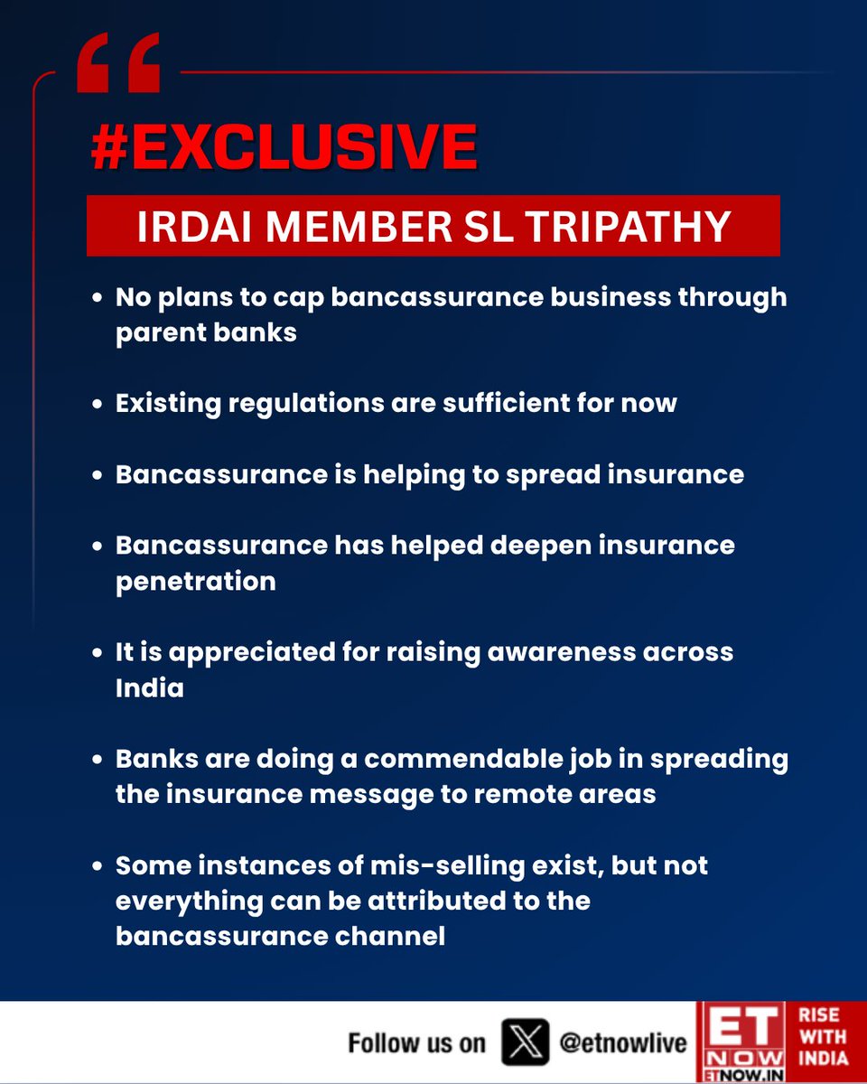 ETNOWlive's tweet image. #ETNOWExclusive | IRDAI has no plans to cap bancassurance via parent banks, says Member S.L. Tripathy. Existing rules are adequate. Bancassurance praised for boosting insurance reach across India, despite some mis-selling cases. 

@anuragshah_  #Bancassurance #InsuranceIndia