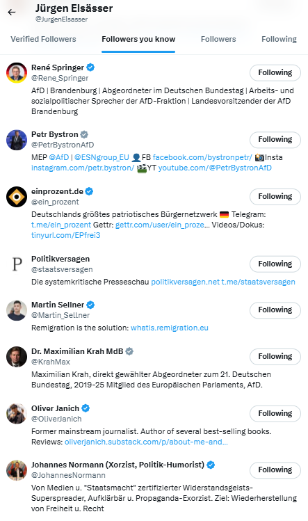 neither.true.nor.false 🇺🇦 (@norfalse) on Twitter photo Das sind die Follower des widerlichen Accounts von <a href="/JurgenElsasser/">Jürgen Elsässer</a> aus Sicht eines rechten Accounts.
Alles Patrioten.
Und der <a href="/IdiotenD/">Idioten-Detektor</a> hat immer recht.
x.com/JurgenElsasser… Das sind die Follower des widerlichen Accounts von <a href="/JurgenElsasser/">Jürgen Elsässer</a> aus Sicht eines rechten Accounts.
Alles Patrioten.
Und der <a href="/IdiotenD/">Idioten-Detektor</a> hat immer recht.
x.com/JurgenElsasser…