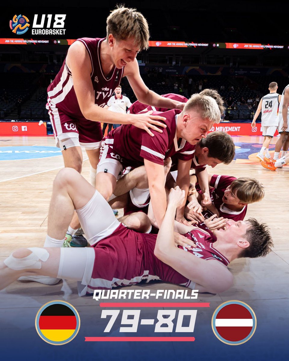 Pēc lēnā turnīra sākuma, Latvju puikas turpina pārsteigt basketbola pasauli, ceturtdaļfinālā līdz ar pēdējām sekundēm uzvarot Vāciju.
Lepojamies! 🇱🇻💪