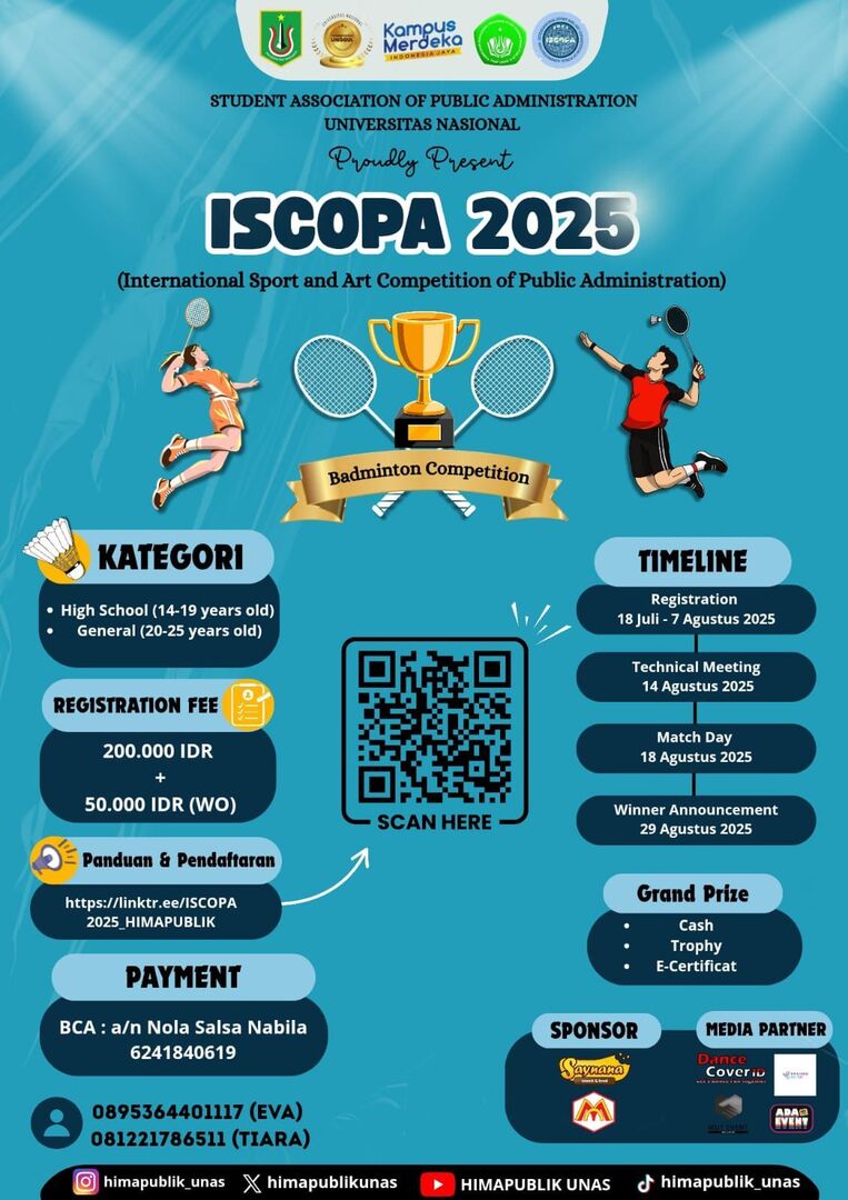 schcampus's tweet photo. campus! 🏸 Calling all badminton enthusiasts!
🔥 ISCOPA 2025 is here!
📅 Daftar sekarang s.d 7 Agustus 2025
🎯 High School &amp; General Category
🎁 Trophy, Cash &amp; E-Certificate!
👤 CP: Eva &amp; Tiara
📲 @iscopa_himapublik https://t.co/ANzT3mZr03