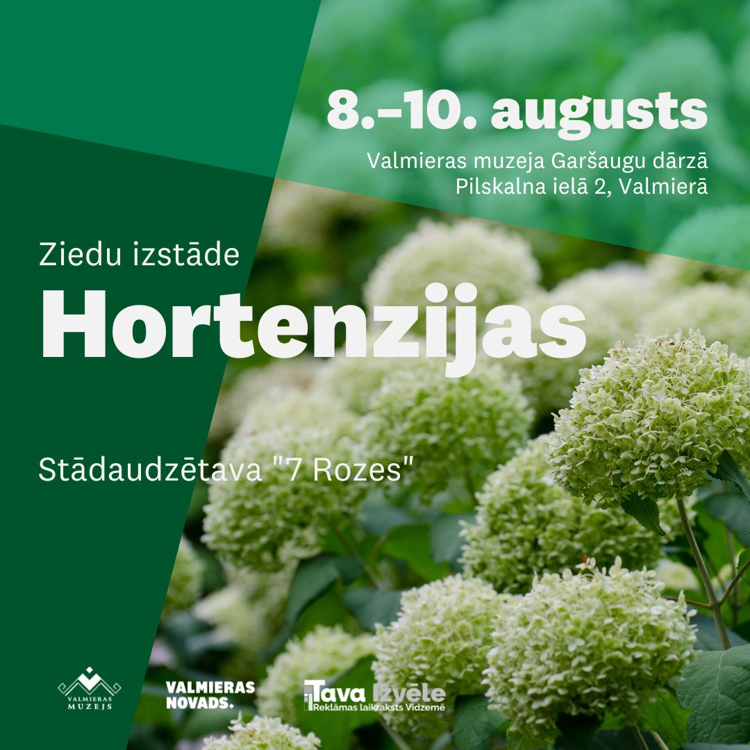 Sadarbībā ar vietējo stādaudzētavu "7 Rozes" Valmieras muzeja Garšaugu dārzā varēs skatīt hortenziju izstādi. Būsiet gaidīti no 8. līdz 10. augustam jebkurā diennakts laikā, lai aplūkotu vairāk nekā 20 skaraino hortenziju šķirņu. Ieeja bez maksas.
Vairāk: valmierasmuzejs.lv/archives/18658