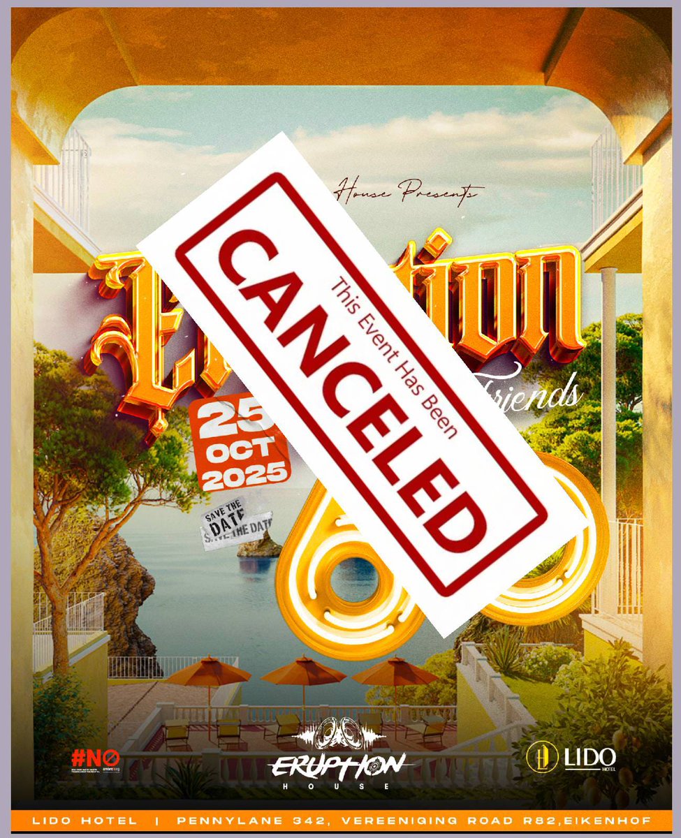 EruptionHouseSA's tweet photo. Dear Friends of Eruption,

We regret to inform you that due to unforeseen circumstances "Eruption &amp; Friends 6.0" scheduled for the 25th October 2025 has been cancelled. Thank you all for your invaluable support — we will see you again soon!

Warm regards,
Eruption House Team https://t.co/FouOk5A7dM