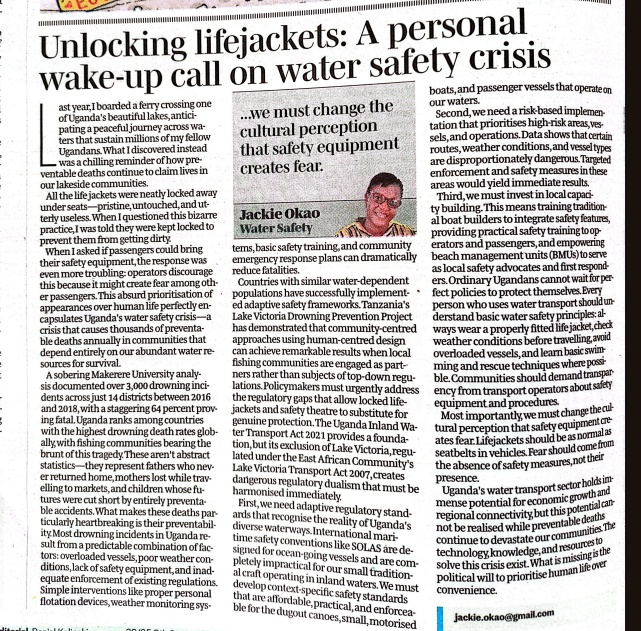Justice & Development Council (@jdcwatersafety) on Twitter photo 🚨Water Safety Article Alert 🚨
On 31st August, <a href="/DailyMonitor/">Daily Monitor</a> published a powerful opinion by <a href="/JackieOkao/">Jackie Okao</a> titled " Unlocking lifejackets: A personal wake-up call on water safety crisis".
This article sheds light on how lifejackets are misused while on water. It further shows us 🚨Water Safety Article Alert 🚨
On 31st August, <a href="/DailyMonitor/">Daily Monitor</a> published a powerful opinion by <a href="/JackieOkao/">Jackie Okao</a> titled " Unlocking lifejackets: A personal wake-up call on water safety crisis".
This article sheds light on how lifejackets are misused while on water. It further shows us