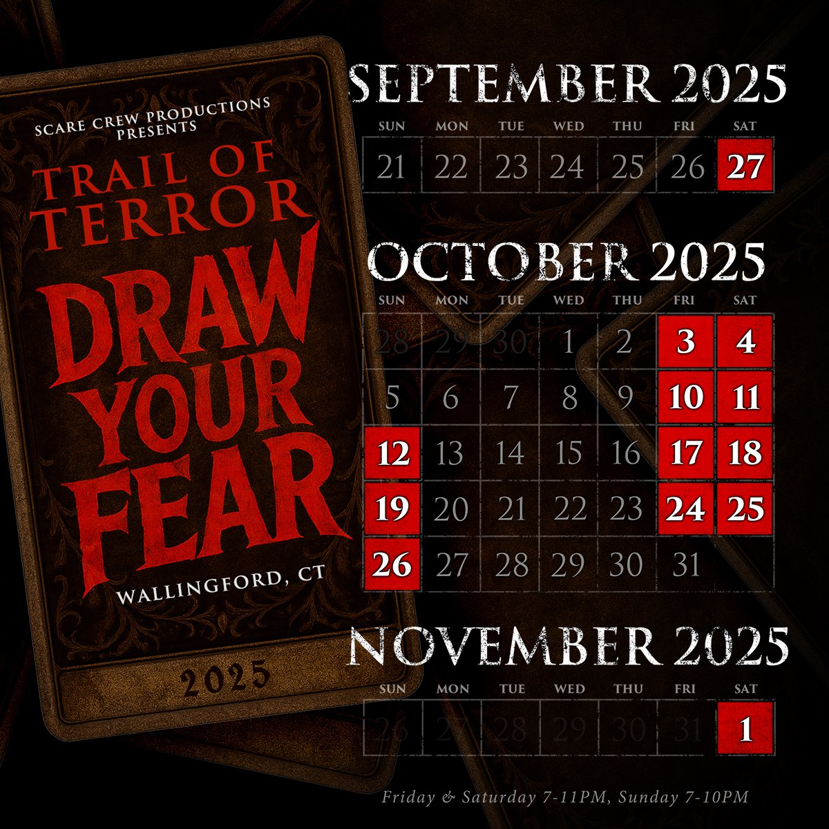 trailofterror's tweet photo. The cards don't lie... it’s time to prepare yourself for our 31st season of terror — starting September 27th! 🎃💀 Tickets now on sale 🎟️! https://t.co/4ePVkTenl9

#trailofterror #wallingford #connecticut #hauntedattraction #drawyourfear #thecardsdontlie #halloween https://t.co/b1jnrWHLRT