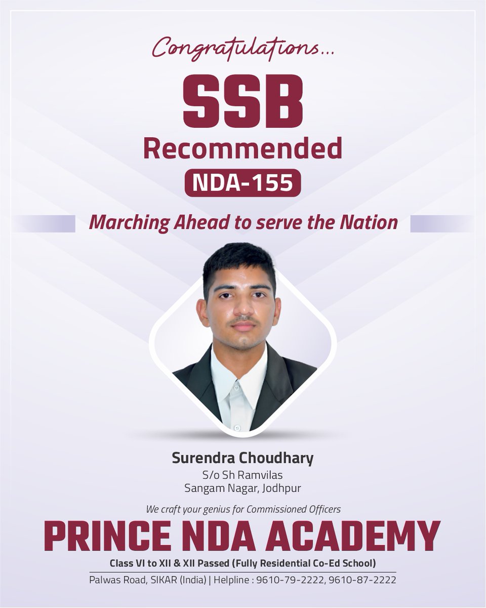 🎯 SSB Recommended – NDA-155
Big salute to Surendra Choudhary from Jodhpur for clearing SSB and bringing pride to Prince NDA Academy!
#NDA155 #SSBRecommended #PrinceNDAAcademy #JodhpurPride #DefenceSuccess
